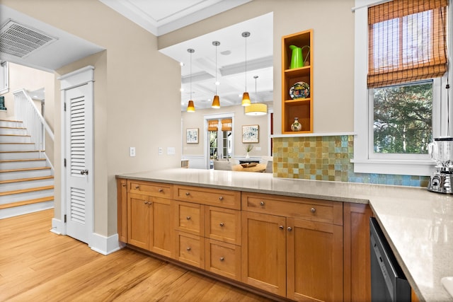 bar featuring light hardwood / wood-style floors, coffered ceiling, decorative backsplash, decorative light fixtures, and dishwasher