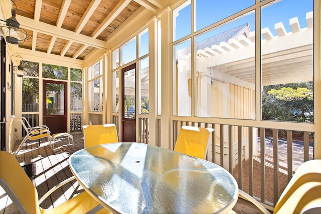 sunroom / solarium with wood ceiling and vaulted ceiling with beams