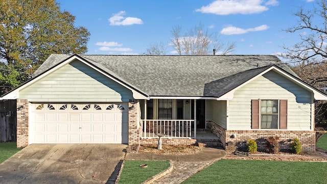 ranch-style house with a porch and a garage