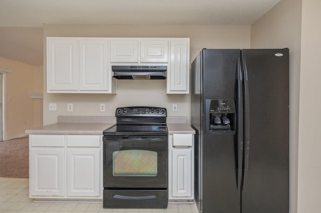 kitchen with black appliances, under cabinet range hood, white cabinets, and light countertops