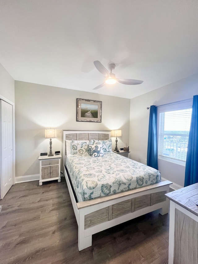 bedroom featuring dark hardwood / wood-style flooring, a closet, and ceiling fan