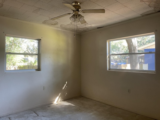 spare room featuring ceiling fan and crown molding