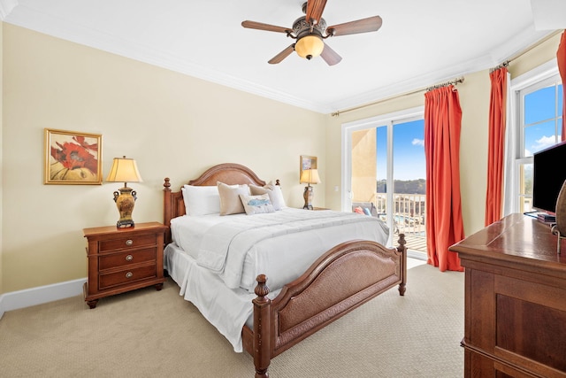 bedroom with ceiling fan, light colored carpet, access to exterior, and crown molding