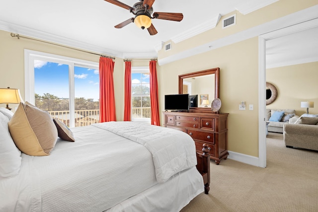 carpeted bedroom featuring ceiling fan, access to exterior, and ornamental molding