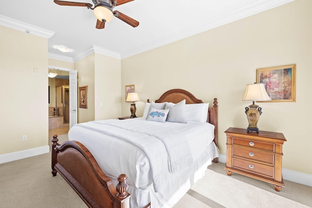 carpeted bedroom with ceiling fan and crown molding