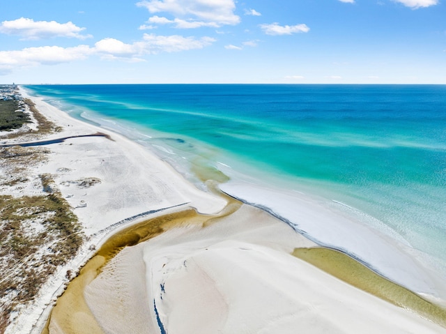 drone / aerial view with a water view and a beach view