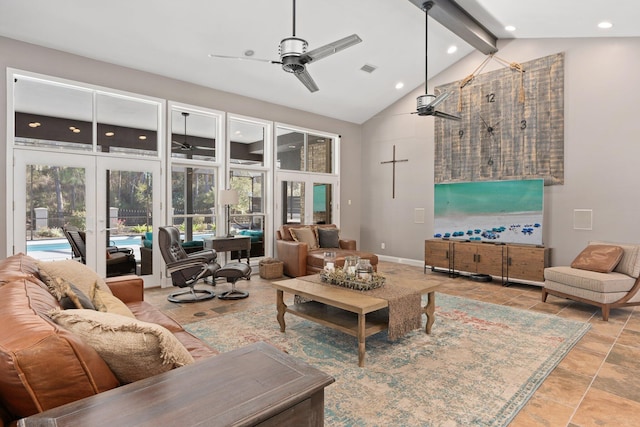 living room featuring beamed ceiling, high vaulted ceiling, ceiling fan, and french doors