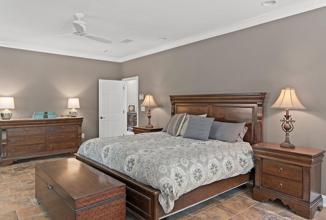 bedroom with crown molding and ceiling fan