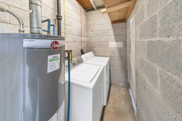 laundry room with water heater and independent washer and dryer