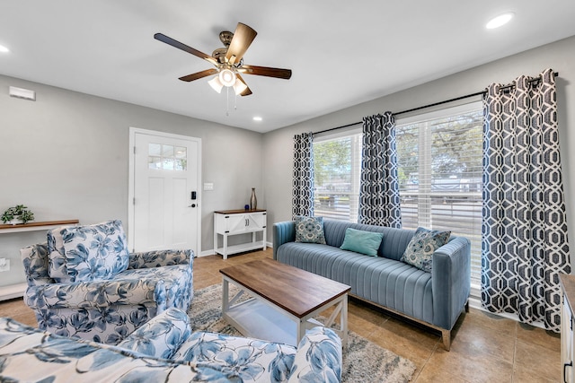 living room with ceiling fan