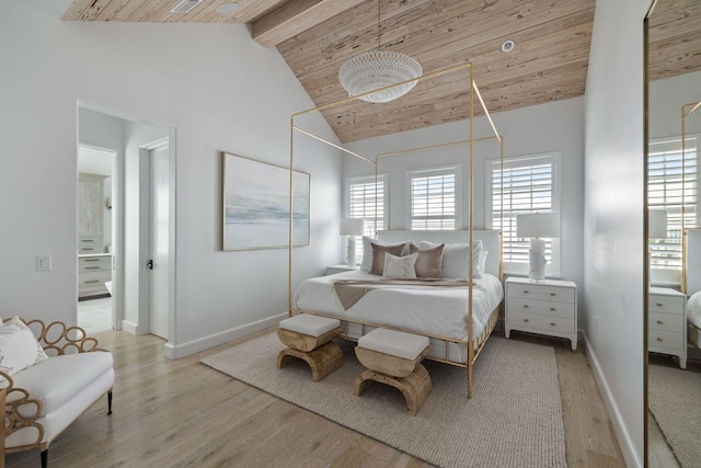 bedroom with wooden ceiling, beam ceiling, high vaulted ceiling, and light hardwood / wood-style flooring