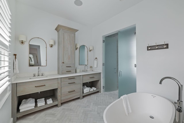 bathroom featuring vanity and plus walk in shower