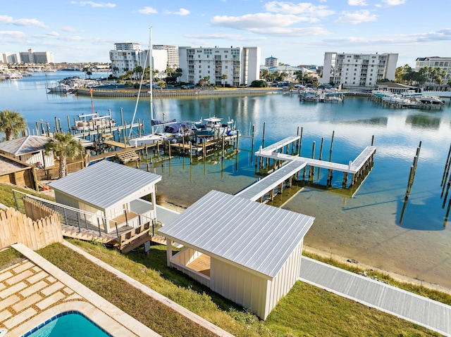 dock area with a water view