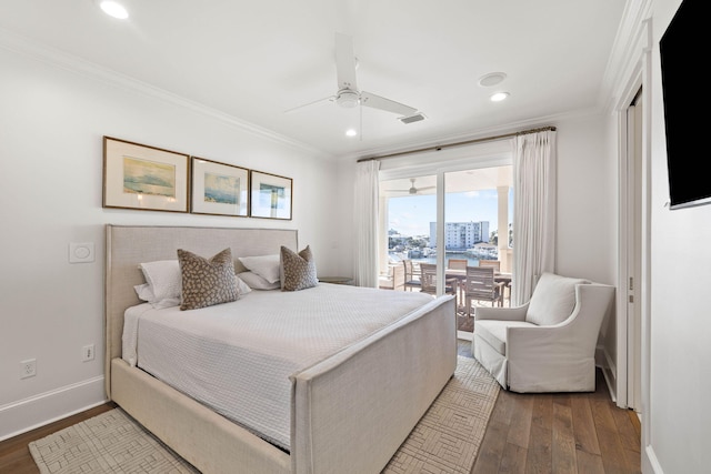 bedroom with ceiling fan, crown molding, wood-type flooring, and access to outside