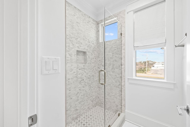 bathroom featuring crown molding and a shower with door