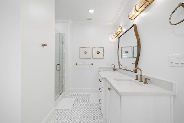 bathroom featuring walk in shower, vanity, tile patterned floors, and crown molding