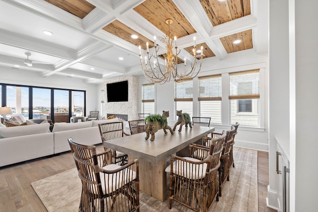 dining space featuring light hardwood / wood-style floors, beam ceiling, and coffered ceiling