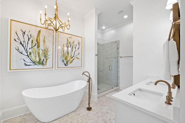 bathroom with an inviting chandelier, ornamental molding, separate shower and tub, and vanity