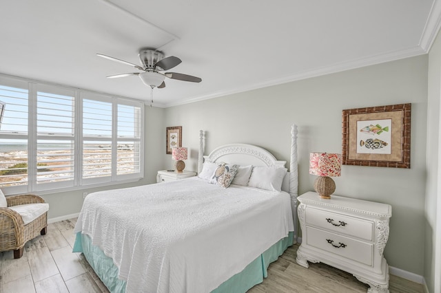 bedroom featuring light wood-type flooring, ceiling fan, and ornamental molding