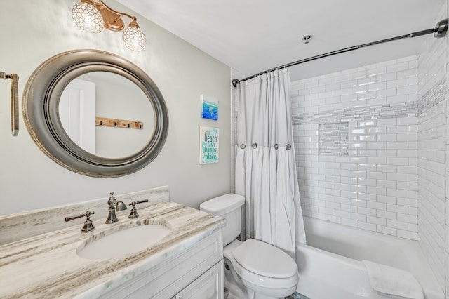 full bathroom featuring toilet, shower / bath combo, and vanity