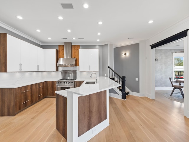 kitchen with high end stainless steel range oven, white cabinetry, a sink, modern cabinets, and wall chimney exhaust hood