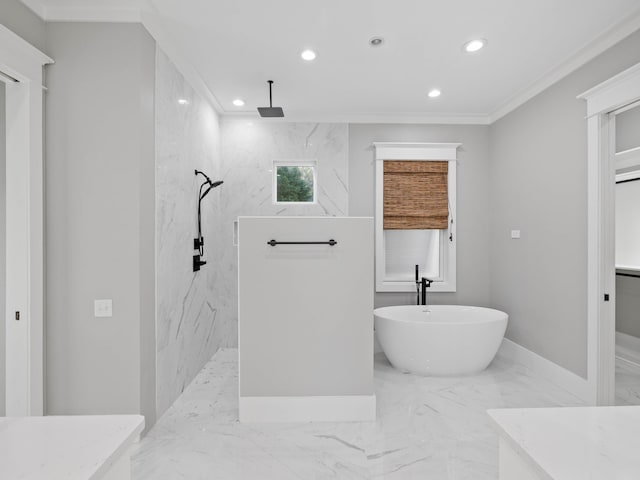 full bath with ornamental molding, recessed lighting, marble finish floor, and a marble finish shower