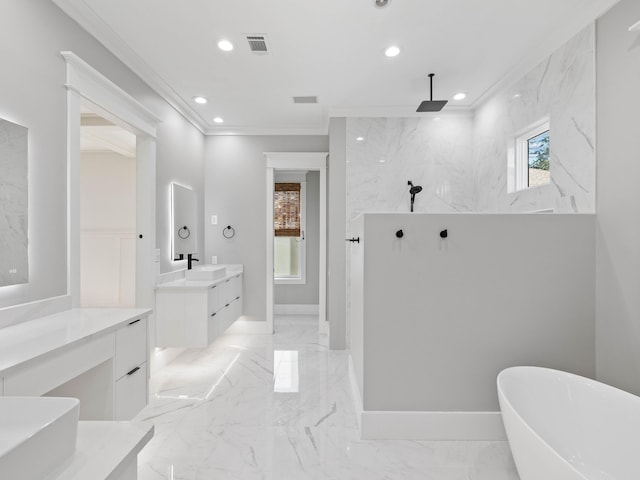 bathroom featuring marble finish floor, crown molding, recessed lighting, visible vents, and baseboards