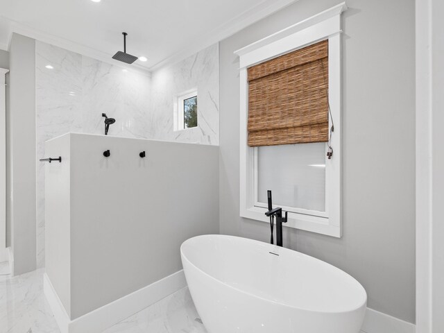 bathroom with a shower, marble finish floor, recessed lighting, a soaking tub, and baseboards