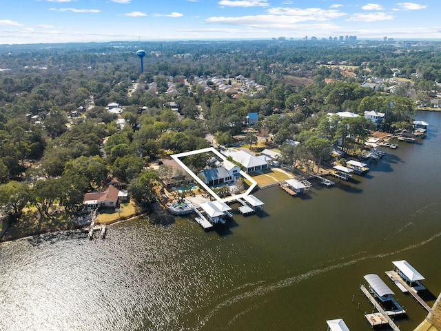 drone / aerial view featuring a water view