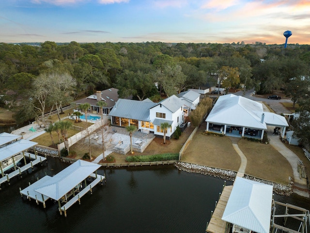 drone / aerial view featuring a water view