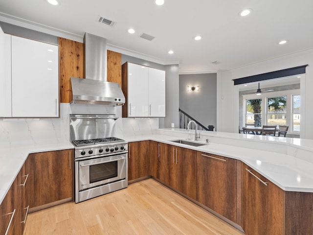 kitchen with stainless steel stove, a sink, visible vents, white cabinets, and wall chimney range hood