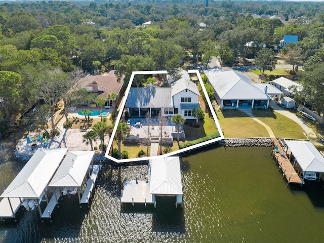 aerial view featuring a residential view and a water view