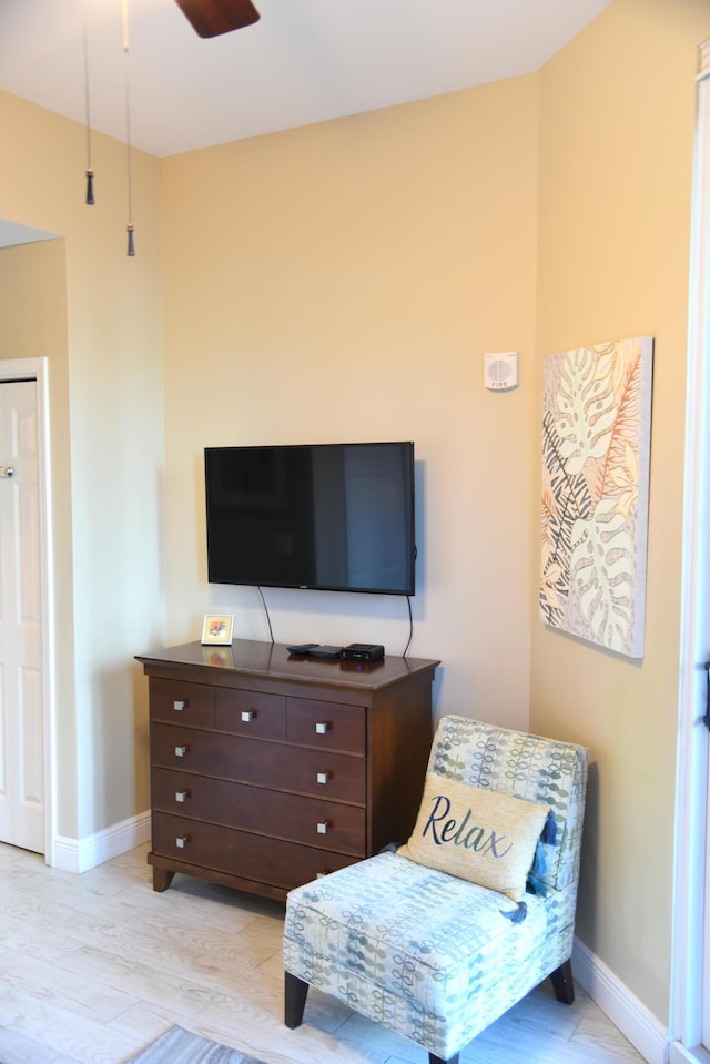 living area with ceiling fan