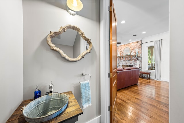 bathroom featuring sink, crown molding, and hardwood / wood-style flooring