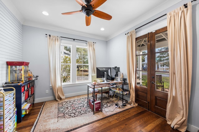 office space with ceiling fan, french doors, dark hardwood / wood-style floors, and crown molding