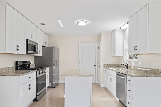 kitchen with sink, light stone counters, white cabinetry, a center island, and stainless steel appliances