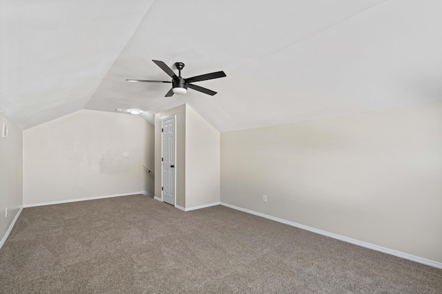 bonus room featuring vaulted ceiling, carpet floors, and ceiling fan