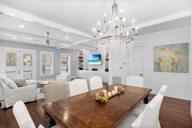 dining area featuring ceiling fan, beam ceiling, dark hardwood / wood-style flooring, built in shelves, and french doors