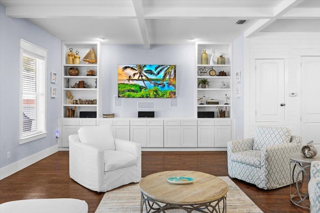 living room with beamed ceiling, coffered ceiling, dark hardwood / wood-style floors, and built in features