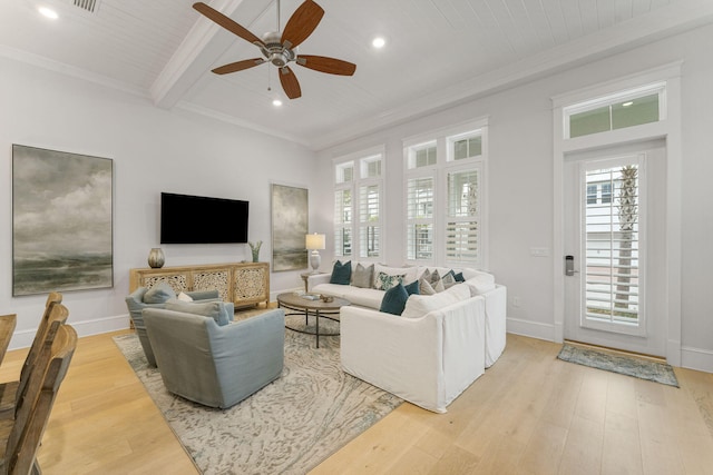 living room featuring beam ceiling, light wood-type flooring, wood ceiling, and ceiling fan