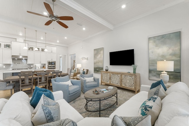 living room featuring ceiling fan, wood ceiling, and beamed ceiling