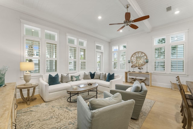 sunroom with ceiling fan, beam ceiling, and wood ceiling