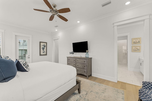 bedroom with ceiling fan, crown molding, ensuite bath, and light wood-type flooring