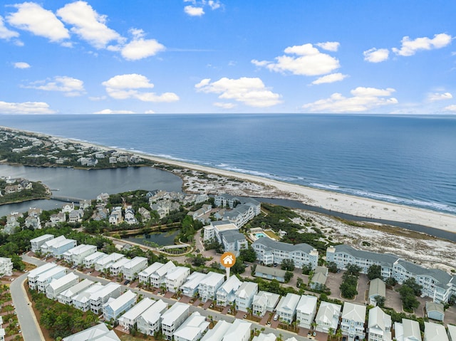 aerial view with a view of the beach and a water view