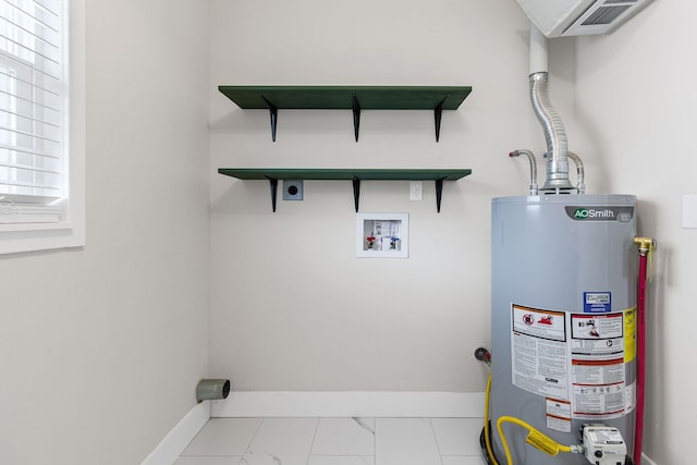 laundry room featuring gas water heater, washer hookup, and hookup for an electric dryer