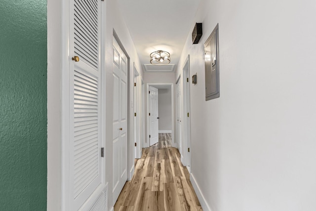 hall featuring electric panel and light wood-type flooring