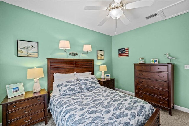 carpeted bedroom featuring ceiling fan