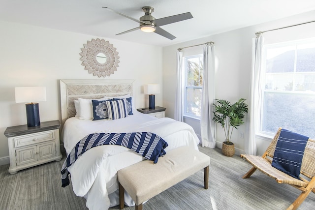 bedroom featuring ceiling fan and multiple windows