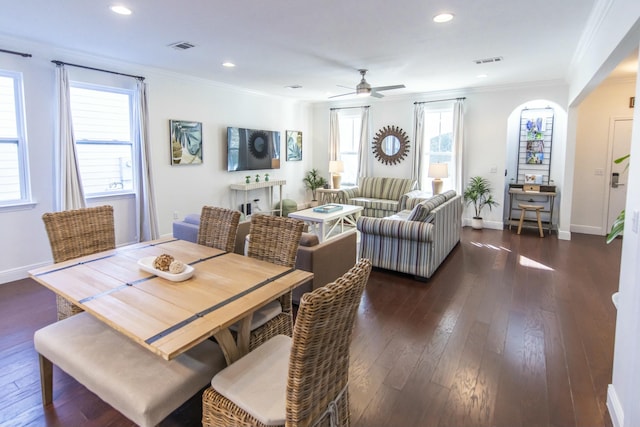 dining area featuring ceiling fan, ornamental molding, and dark hardwood / wood-style floors