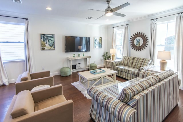 living room with ceiling fan, dark hardwood / wood-style flooring, and ornamental molding